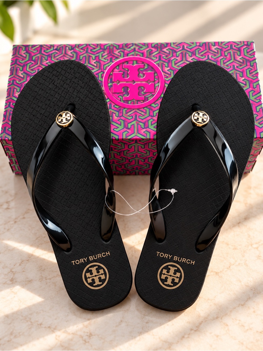 Tory Burch Black Jelly Flip Sandals with Gold Logo 6